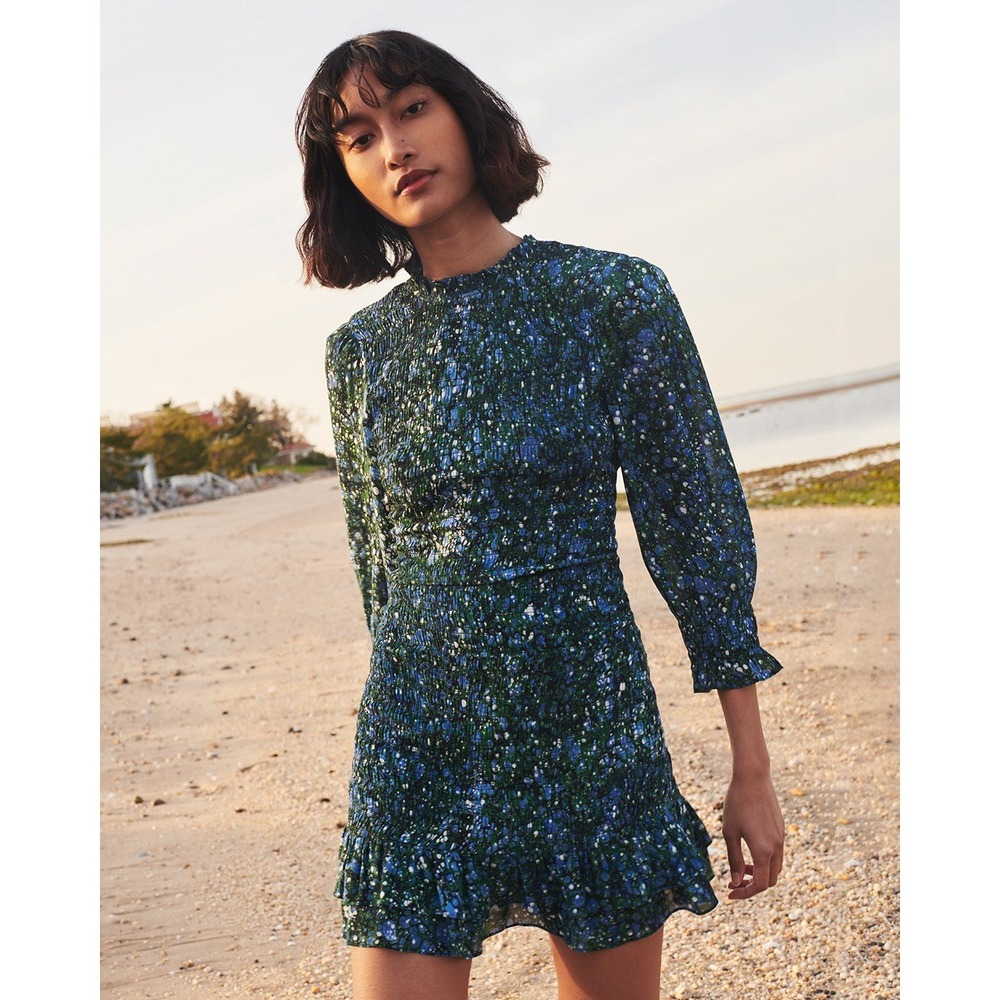 Veronica Beard Farha Dress‎ Green Size 0 Smocked Ruffles Long Sleeve Chic Sexy